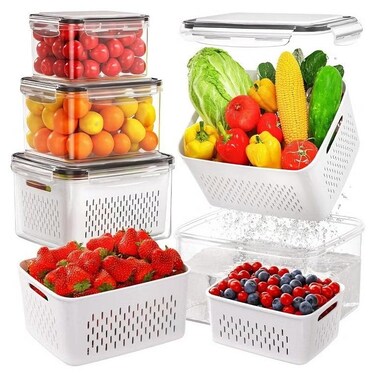 3PCS Fridge Organizers, Food Storage Container, Clear Stackable Refrigerator Organizer Bins with Lid &amp; Strainer For Vegetable Fruit Storage Containers