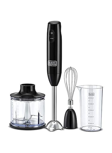 BLACK+DECKER Hand Blender, 600W, 600ml Chopping Bowl, 500ml Beaker, Stainless Steel Blades, Dual Speed, 3-in-1 Functionality, Anti-Slip, Perfect for Blending, Chopping, Whisking, Black - HB600-B5