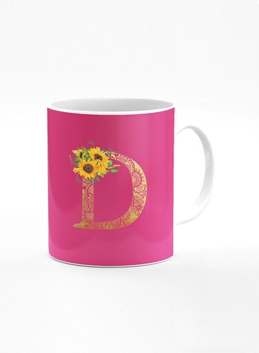Designer Printed Coffee Mug 11oz Ceramic Personalised Gift Mugs Cup Custom Monogram Initial Letter Floral Pattern Alphabet D (Dark Pink Rose)