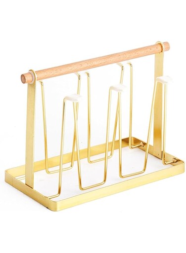 ANTOLE Cup Drying Rack,Mugs Organizer,Metal Bottle Drying Organizer with Drain Tray,Wood Handle for Storing/Draining/Drying Cups,Mugs,Glasses