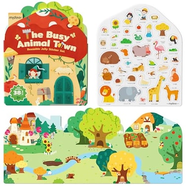 Mideer Reusable Puffy Sticker Book For Kids 2-4, Waterproof Sensory Play Activity Book For Toddlers (The Busy Animal Town)