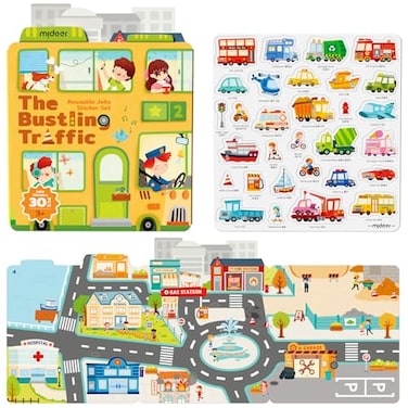 Mideer Reusable Sticker Book For Kids 2-4, Waterproof Puffy Stickers For Toddlers 1-3, Educational Sensory Play Activity (The Bustling Traffic)