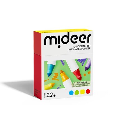 Mideer Large Fine Tip Washable Markers - Alcohol-Free, Odorless, Ultra-Washable Water-Based Ink - Ergonomic Triangular Grip - Large Cone Tip For Thin &amp; Thick Lines - Safe, Kid-Friendly (12 Colours)