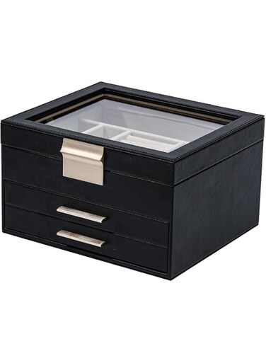 FC22 Jewelry Box for Women, 3-Layer Jewelry Organizer, Jewelry Storage with Glass Lid, 2 Drawers, Plenty of Storage Space, Modern, for Necklaces Rings Earrings Bracelets, Gift for Loved Ones (Black)