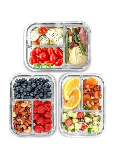 FIT Strong &amp; Healthy 3 Compartment Glass Meal Prep Containers [5 Pack, 32 Oz] - Glass Lunch Containers, Food Storage Containers with Lids (32 Ounces (3 Pack), Clear Lids)