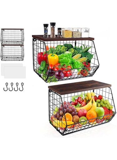 SPNOR Fruit Basket Onion Storage Wire Baskets with Wood Lid, 2pcs Stackable Wall Mounted Countertop Kitchen Counter Organizer for Snack, Fruit and Vegetable Storage