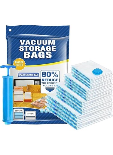 Vacuum Compression Storage Bags With Hand Pump, Large (60cm x 80cm), Pack of 8 (7 Vacuum Storage Bags + 1 Hand Pump), White &amp; Sky Blue