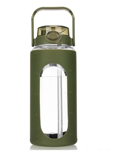 Glass Water Bottle with Straw, Motivational 64oz Glass Bottle with Silicone Sleeve and Time Marker, Reusable Large Sports Water Jug for Indoor and Outdoor Sports (Green)