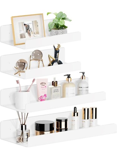 Set of 4 Floating Wall Shelves, 3 Sizes No Drilling Acrylic Shelf for Gluing, White Shelves for Bathroom, Kitchen, Office and Living Room