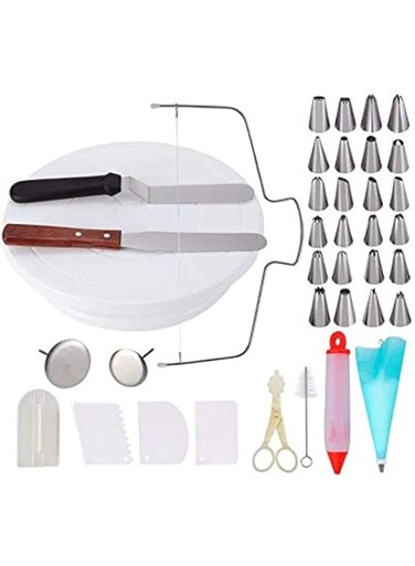 Cake Decorating Supplies Set - Professional Cupcake Decorating Kit Baking Supplies Rotating Turntable Stand, Stainless Steel Frosting Tips, Coupler, Icing Spatulas, Scrapers, Silicone Pastry