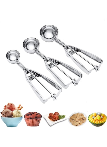 Cream Scoop, 3Pcs Cookie Scoop Set, Stainless Steel Ice Cream Scooper with Trigger Release, Large/Medium/Small Cookie Scooper for Baking, Cookie Scoops for Baking Set of 3 with Cookie Dough Scoop