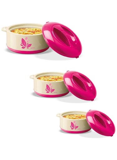 MILTON 3-Piece Casserole Set (450ml, 790ML, 1.26L) Double-Walled Hotpot with PU Insulation &amp; Stainless Steel Inner, Keeps Food Hot/Cold, Perfect for Serving Chapati, Roti &amp; Mandi - Ordhid Jr - Pink
