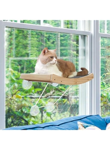 Cat Window Hammock, Sturdy Kitten Sunny Seat with Wooden Frame for Sunbath, Cat Window Bed Perch with 4 Suction Cups, Hold Pets Up to 18KG, 42 x 29 x 30 cm