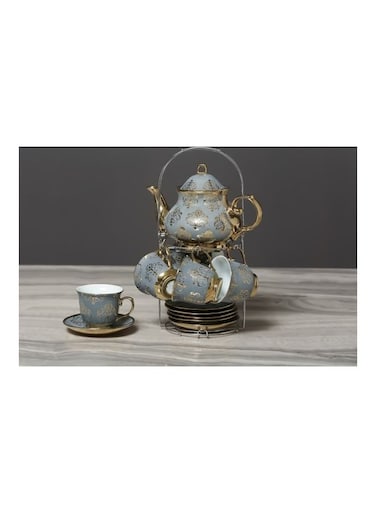 Home 14-Piece Glore Tea Set Includes Gold 6xCup With Saucer 220ml And Pot Gold/Grey 990Liters