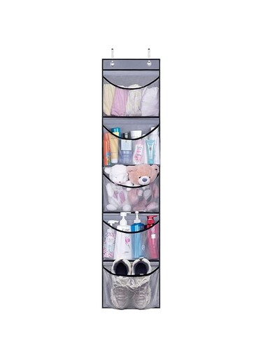 athongsakw Over The Door Organizer Storage for Closet with 5 Large Pockets &amp; 2 Metal Hooks, Hanging Storage Shelves for Bedroom Bathroom Behind The Door, Wall, Nursery Closet, Door Organizer, Grey