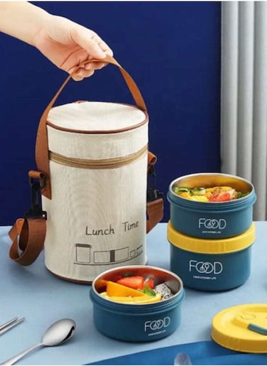 Stainless Steel Lunch Box Set 3 Pcs With Thermal Insulated Bag Colour Blue