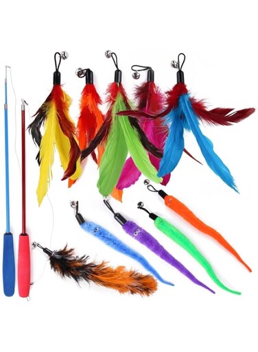 Mumoo Bear 12 PCS Feather Teaser Cat Toy, 2 Pcs Retractable Interactive Cat Teaser Rods, 10 Pcs Replacement Colorful Feather Refills with Bells, Feather Dangler Funny Exercise for Indoor Cat Catcher