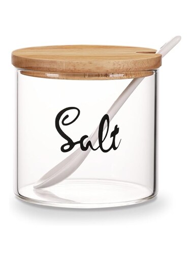 HAOTOP Clear Glass Salt Bowl with Serving Spoon and Bamboo Lid, Farmhouse Kitchen Countertop Canisters, Container Jar Dispenser Holder for Home Kitchen, 12 oz