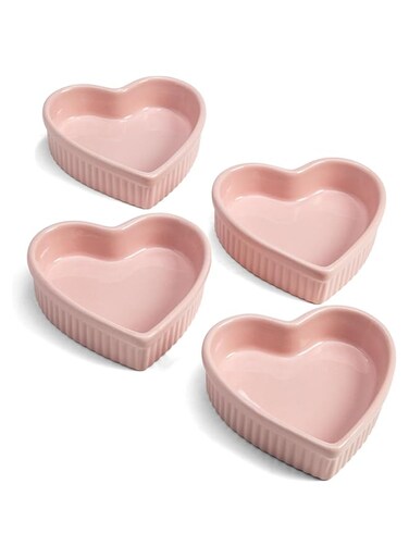 THE WHITE SHOP Heart Shaped Ramekin Set, Mini Ceramic Ramekins, Oven Safe Baking Dishes, Dishwasher Safe, Stoneware Made without PFOA, 4-Piece Set, Pink