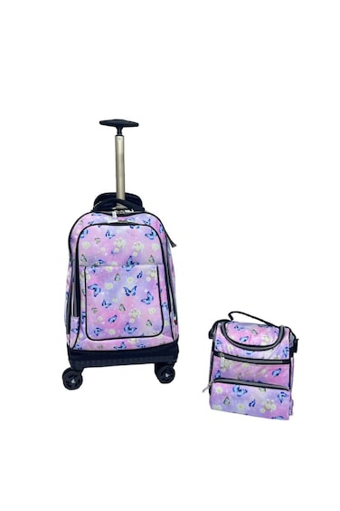 Kids Rolling School Backpack Set, 3-Piece with Lunch Bag and Pencil Case, Spinner Wheels.(Pink Butterfly Print)
