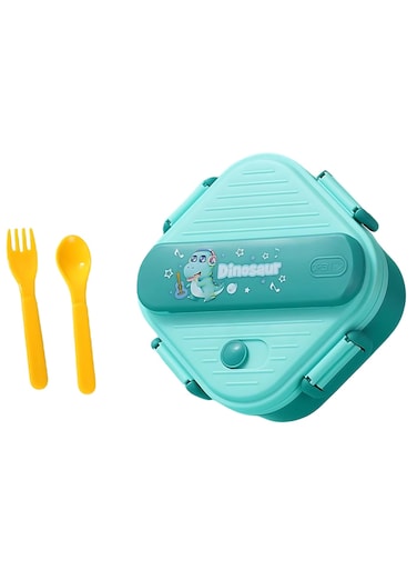 Square Bento Lunch Box Set for Kids, 3-Compartment Portable Food Container with Sealed Lid, Cute Rabbit Anime Design, Includes Fork &amp; Spoon, Ideal for School &amp; Work, 800ml (Dinosaur )