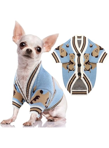 Small Dog Jumpers, Cute Bear Dog Cardigan Sweater, for Puppy Cat Knitting Cardigan Outfits, Dog Winter Coats Warm Pet Dog Clothes Soft Knitwear Apparel, for Indoor and Outdoor Activities(Blue, L)