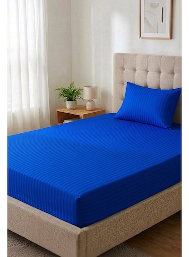 Cotton 2-Piece Microfiber Single Fitted Sheet Set &acirc;&euro;&ldquo; Royal Blue Striped 90&Atilde;&mdash;190 cm with Full Elastic &amp; 1 Pillowcase