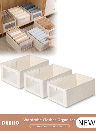3 Pack Wardrobe Clothes Organizer,Closet Storage Boxes and Storage Foldable Jeans Drawer Closet Organizer,Clothes Storage Bins,Fabric Organizer Clothes Storage with Clear Window for Clothes, Jeans, Pants, Sweaters, Dress (3 Pcs)