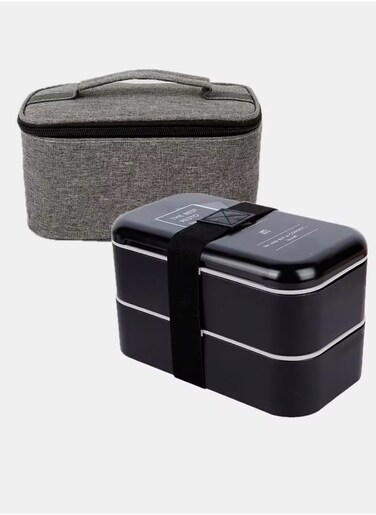 Double Layer Lunch Box Portable Microwave Oven Bento Box Black With Utensil Set and Storage Bag