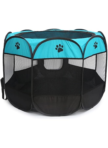 Longkins Octagonal Pet Dog And Cat House, Portable Kennel Puppy Bed House Foldable Tent Fence, Indoor Outdoor Use, Black &amp; Blue, petbed-L-LB, Medium