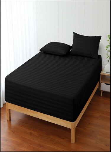 Black Striped Queen Bed Sheet Sets Cotton 3 Piece Set Deep Pocket 180x200+25cm