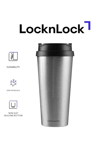 &amp; LOCK LocknLock 540ml Clip Tumbler in Silver - Stainless Steel, Double-Vacuum Insulation, Non-Slip Pad, Convenient Cap