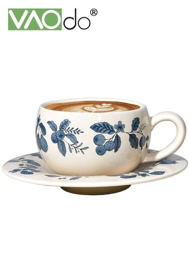 Ceramic Coffee Mug with Saucer, Floral Pattern Coffee Cup, Water Cup for Milk Latte &amp; Cocoa, Pretty Flowers Teacup for Holiday Birthday Gifts