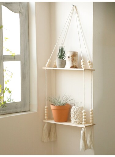 2-Tier Hanging Rope Wall Shelf with Beads, floating shelf Boho Style Wooden Organizer Rack for Living Room Bedroom Balcony