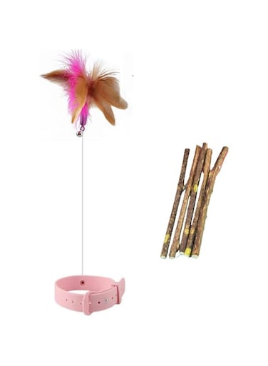 MRTURK REVHQ Cat Teaser Toy + Cat Chew Stick, Cat Wand Toy Retractable Cat Feather Toys with Silicone Collar Interactive Cat Toys for Indoor Cat Kitten Exercise