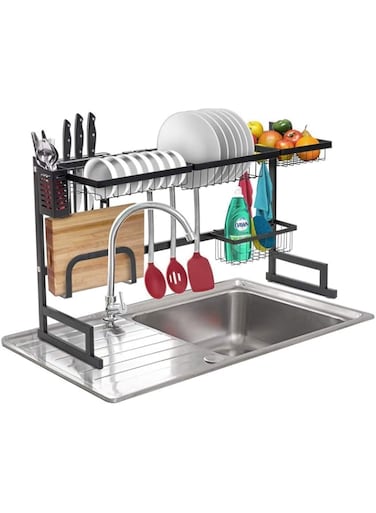 Shelf Shelves رف رفوف Lyg Dish Rack Over-The Sink Drying Display Stand, Draining Organizer with Utensil Holder Hooks for Kitchen Counter Storage Dishes,