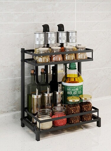 TIME 2 Tier Metal Kitchen Spice Rack Cutting board rack with Knife Utensils Holder, Cutlery Holder And 3 Hooks