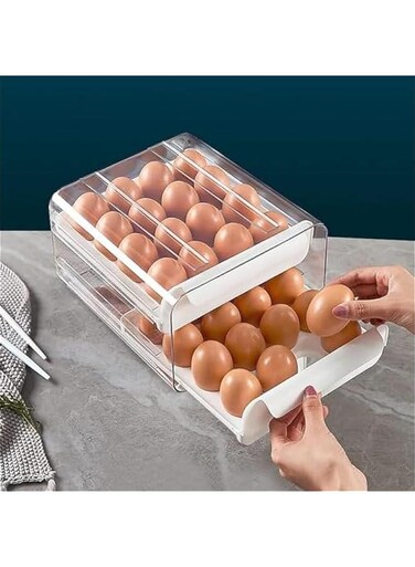 32 Grid Egg Container for Refrigerator, Double-Layer Egg Holder Egg Tray, Stackable Clear Egg Organizer Storage Box (White)