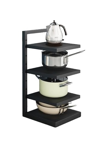 JANNAH 4 Tier Kitchen Pot Pan Saucepan Storage Rack Holder Adjustable Carbon Steel Organizer Stand Shelf (Black)
