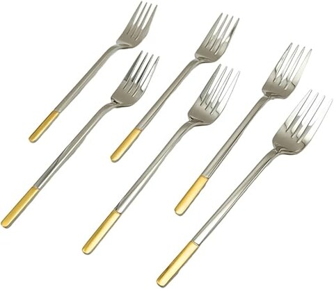 Liying 6Pcs Gold Topper Design Stainless Steel Dinner Fork Set 21cm x 2.5cm, Modern Silver Big Fork for Home, Kitchen, Restaurant, Fine Edge &amp; Mirror Polished, Dishwasher Safe