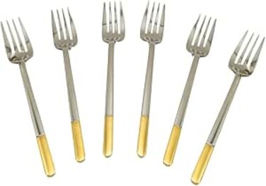 Liying 6Pcs Gold Topper Design Stainless Steel Dinner Fork Set 21cm x 2.5cm, Modern Silver Big Fork for Home, Kitchen, Restaurant, Fine Edge &amp; Mirror Polished, Dishwasher Safe
