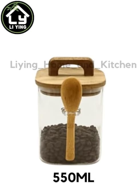 Liying Borosilicate Square Glass Jars with Oak Wood Lids and Wooden Spoon, Decorative and Durable (12 * 10.5cm) for Candy, Cookies, Spices, Coffee Beans
