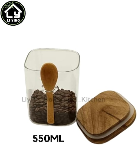 Liying Borosilicate Square Glass Jars with Oak Wood Lids and Wooden Spoon, Decorative and Durable (12 * 10.5cm) for Candy, Cookies, Spices, Coffee Beans
