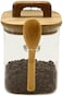 Liying Borosilicate Square Glass Jars with Oak Wood Lids and Wooden Spoon, Decorative and Durable (12 * 10.5cm) for Candy, Cookies, Spices, Coffee Beans
