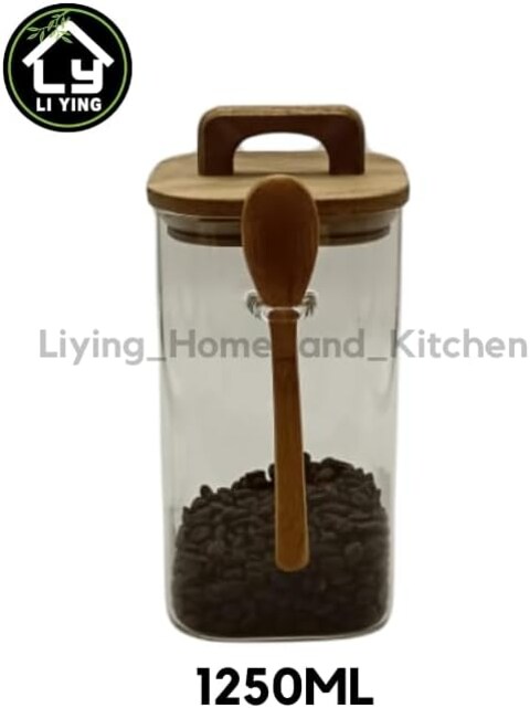 Liying Borosilicate Square Glass Jars with Oak Wood Lids and Wooden Spoon, Decorative and Durable (18 * 10.5cm) for Candy, Cookies, Spices, Coffee Beans
