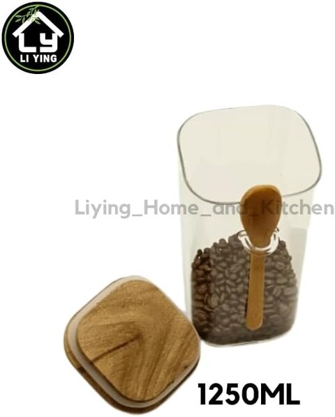 Liying Borosilicate Square Glass Jars with Oak Wood Lids and Wooden Spoon, Decorative and Durable (18 * 10.5cm) for Candy, Cookies, Spices, Coffee Beans
