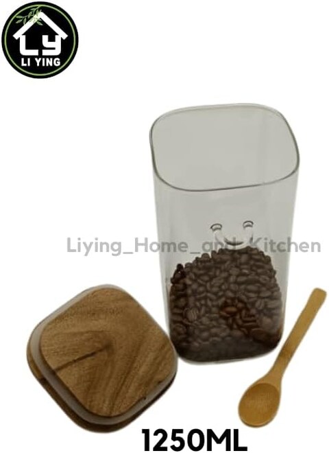 Liying Borosilicate Square Glass Jars with Oak Wood Lids and Wooden Spoon, Decorative and Durable (18 * 10.5cm) for Candy, Cookies, Spices, Coffee Beans
