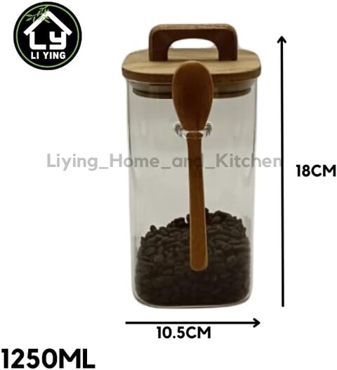 Liying Borosilicate Square Glass Jars with Oak Wood Lids and Wooden Spoon, Decorative and Durable (18 * 10.5cm) for Candy, Cookies, Spices, Coffee Beans
