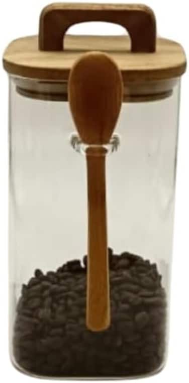 Liying Borosilicate Square Glass Jars with Oak Wood Lids and Wooden Spoon, Decorative and Durable (18 * 10.5cm) for Candy, Cookies, Spices, Coffee Beans

