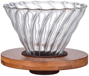 Liying Glass Coffee Dripper Pour Over Coffee Maker with Wood Stand, V60 Filter for 1-2 Cups Slow Brewing Accessories for Home Cafe Restaurants Coffee

